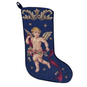 Vtg Imperial Elegance Embroidered Needlepoint Cherub Angel Christmas Stocking